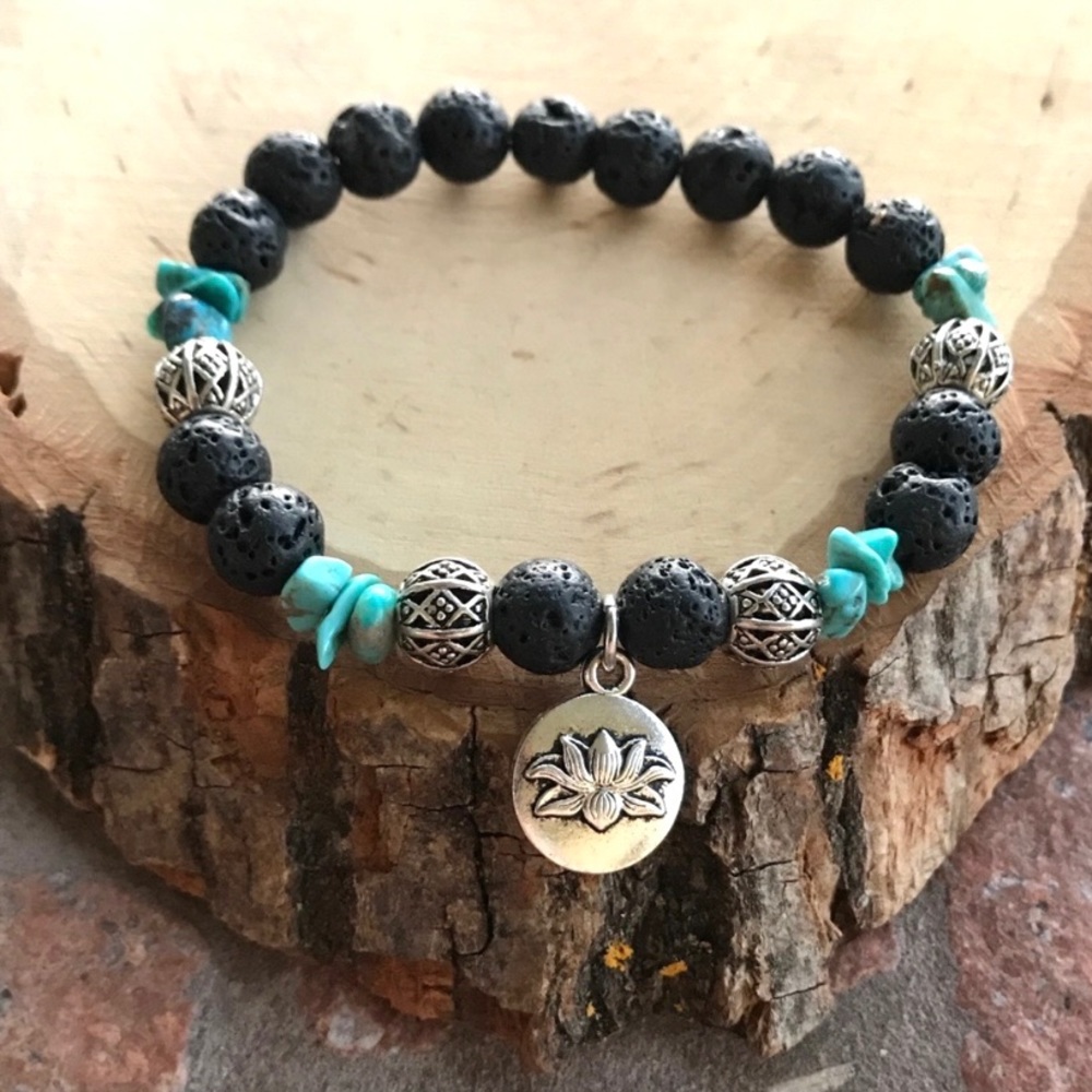 Lotus flower bracelet . Boho Oil diffuser lava rock beads & turquoise gemstones